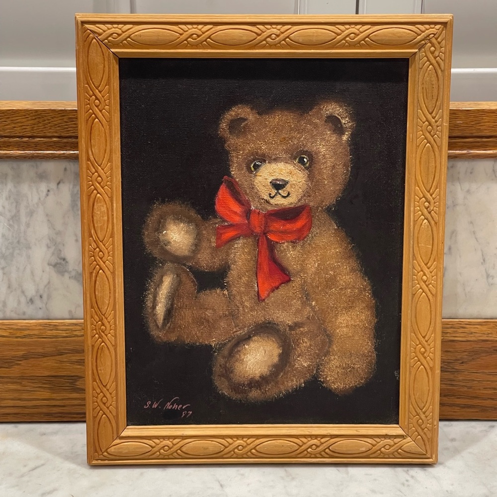 Framed original oil painting of a teddy bear signed by artist S.W. Neher